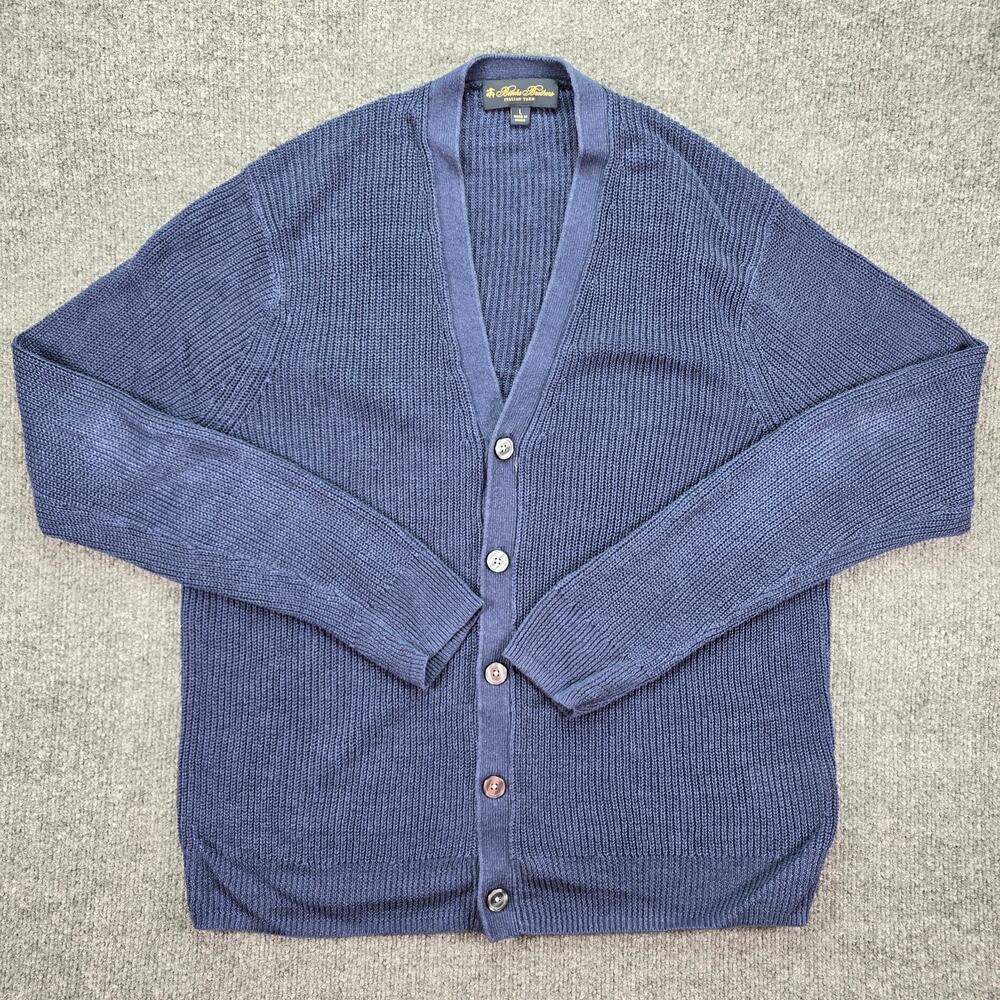 Brooks Brothers Cardigan Sweater Mens Large Blue 100% Linen Italian Yarn Knit